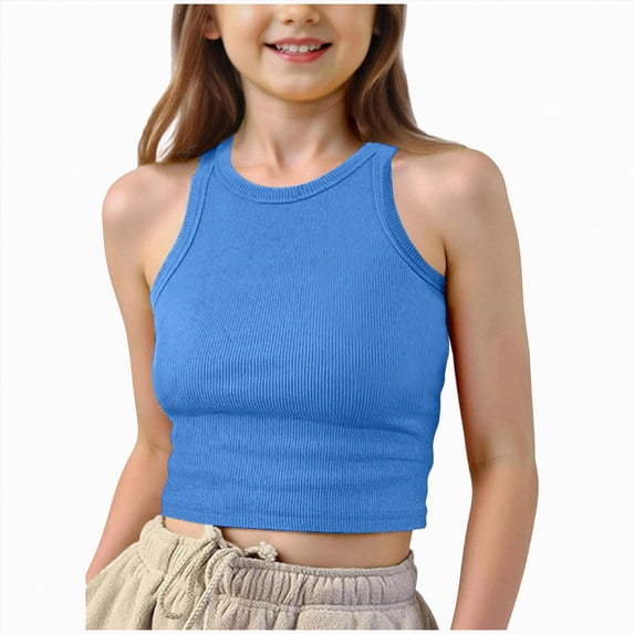 Girls Tank Top High Neck Sleeveless Shirts for Teens Summer Kids Clothes Stretchy for Gymnastics Blue 11-12 Years