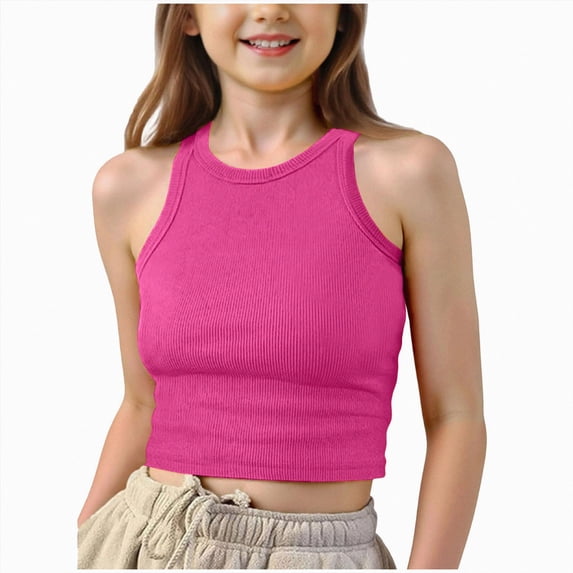 Girls Tank Top High Neck Sleeveless Shirts for Teens Summer Kids Clothes Stretchy for Gymnastics Hot Pink 13-14 Years