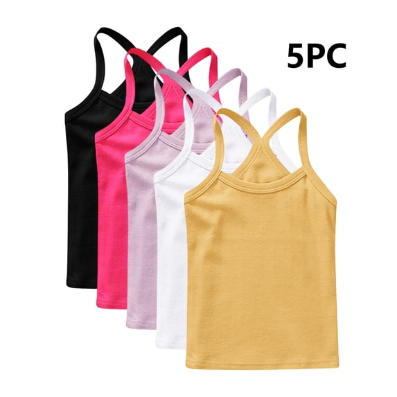Girls Tank Tops 5 Pack - Girls’ Cami Tops - Soft Cotton Camisoles Undershirts Multipack Solid Color Racerback Sleeveless Tanks