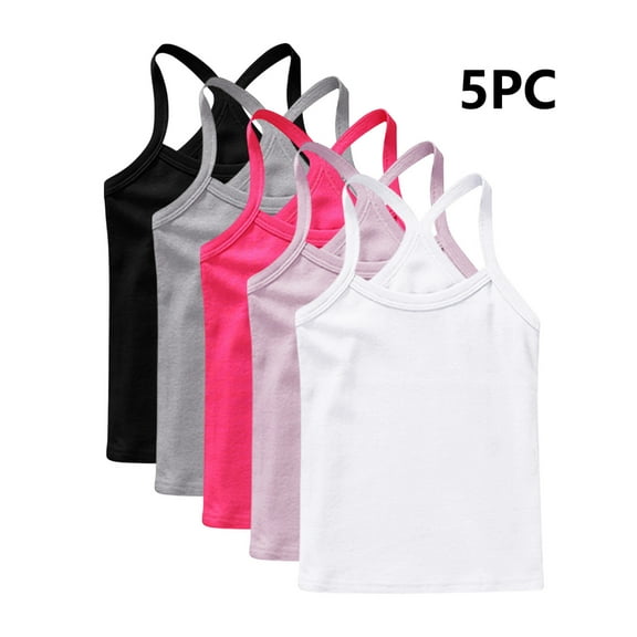 Girls Tank Tops 5 Pack - Girls’ Cami Tops - Soft Cotton Camisoles Undershirts Multipack Solid Color Racerback Sleeveless Tanks