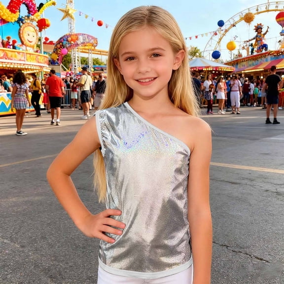 Girls' Tank Tops Asymmetrical Sequin Decor Tops Sleeveless Shiny Vests Casual Cute Tops For Stage Performance Party And Events Vests For Kids Girls Camis White 160/(11-14 Years)