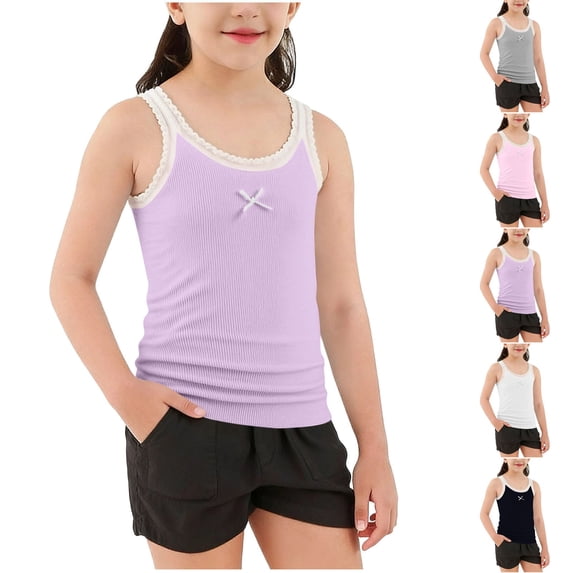 Girls Tank Tops Lace Strap Crew Neck Sleeveless Patchwork Halter Summer Cute Stylish Clothes With Bow
