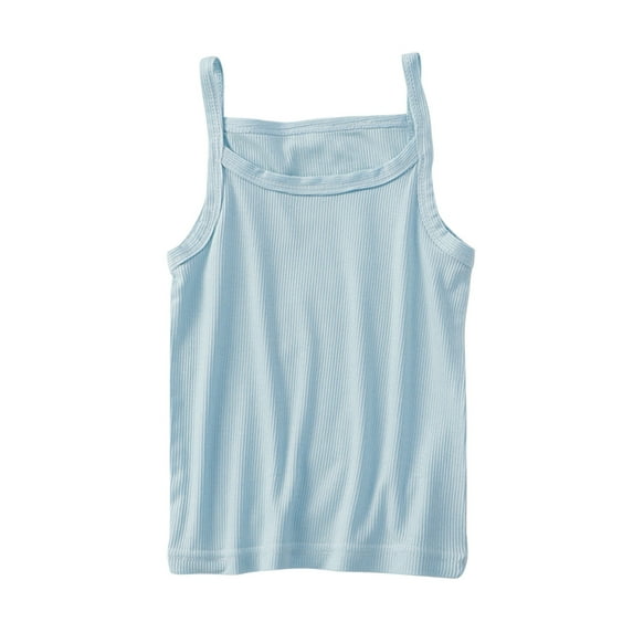 Girls Tank Tops, Ribbed Sleeveless Cami Shirts, Solid Color Breathable Stretch Round Neck Camisole Tops Blue 3-4T