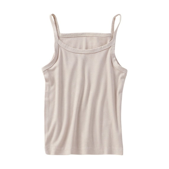 Girls Tank Tops, Ribbed Sleeveless Cami Shirts, Solid Color Breathable Stretch Round Neck Camisole Tops Khaki 3-4T