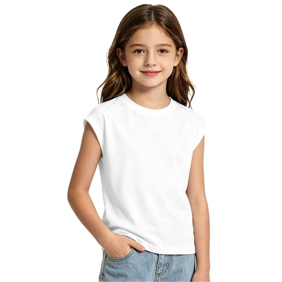 Girls Tank Tops Sleeveless Plain Shirts Basic Round Tee Tops for Summer Casual (White 150)