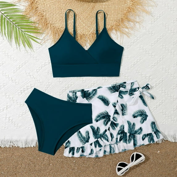 Girls Tankini Girls Swimsuit, Bathing Suits 3 Piece Tropical Floral Bikini Sets Girls' Swimwear with Cover Up Skirt