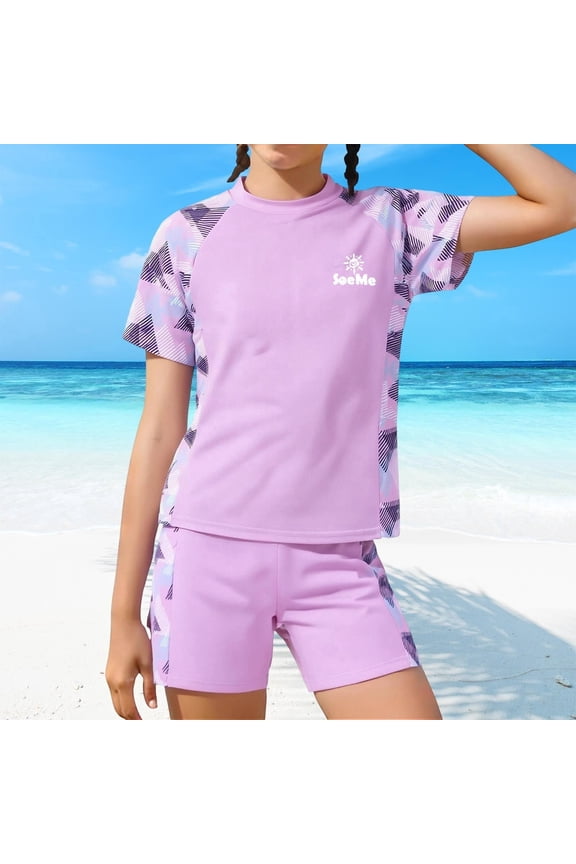 Girls Tankini Set Short Sleeve Rash Guard UPF 50+ Quick Dry Swimsuit Pink Geometric Print Beach Outfit Sizes 4-16,Size 11-14 T