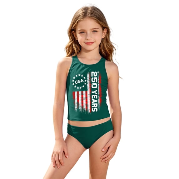 Girls' Tankini Set USA 250 Years Flag Print Two Piece Swimwear for Beach Bathing Suit 4-16Y