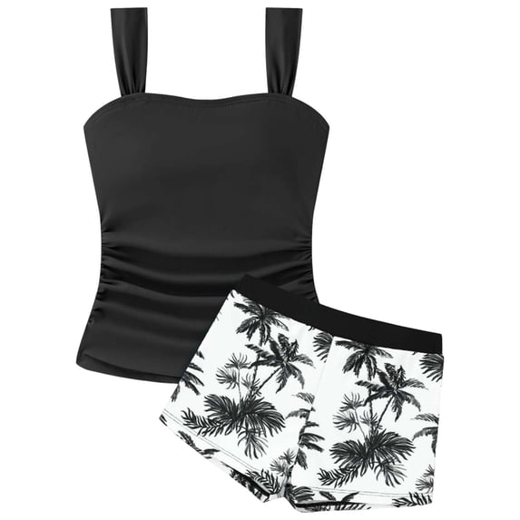 Girls Tankini Swimsuit 2 Piece Bathing Suit Twist Cross Back Cutout Printed Swim Shorts Girls Swimwear for 9-16Y Girls Tankini Swimsuit