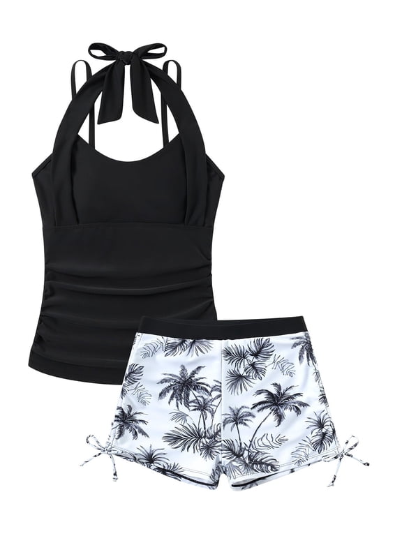 Girls Tankini Swimsuit 2 Piece Halterneck Bathing Suit Spaghetti Straps Swim Tankini Top with Boyshort Swimwear Size 9-16
