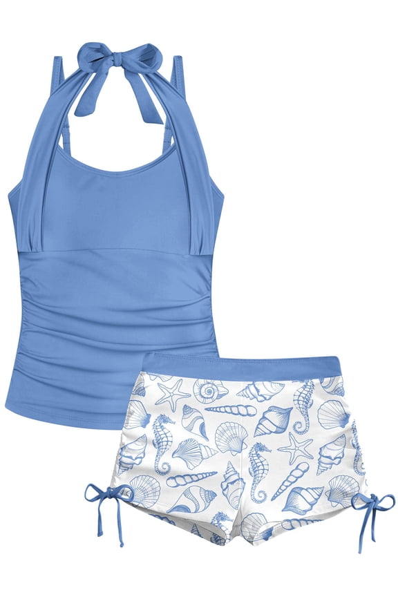 Girls Tankini Swimsuit 2 Piece Halterneck Bathing Suit Spaghetti Straps Swim Tankini Top with Boyshort Swimwear Size 9-16