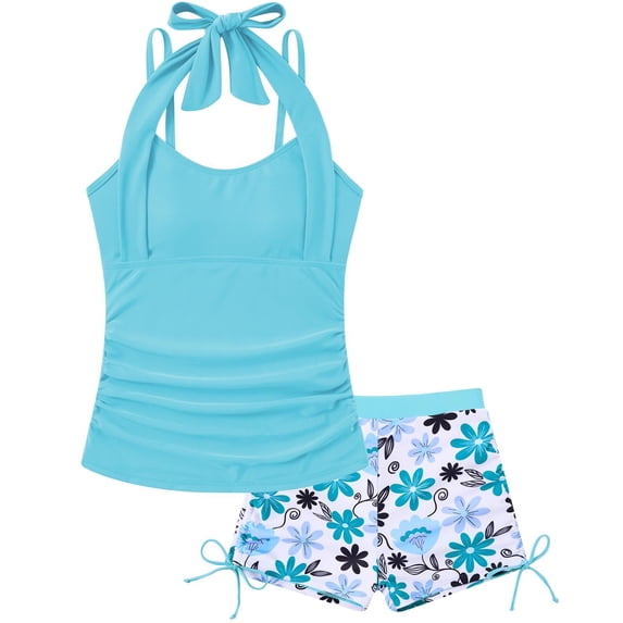 Aideaone Girls Tankini Swimsuit 2 Piece Halterneck Bathing Suit Spaghetti Straps Swim Tankini Top with Boyshort Swimwear Size 9-16