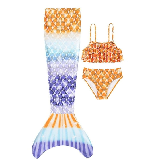Girls Tankini Swimsuit 3 Piece Mermaid Bathing Suit Kids Ruffle Top with Shorts Fish Tail Set Swimwear #02 Orange & 11-12 Years