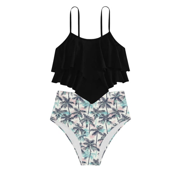 Girls Tankini Swimsuit Girl's Two Piece Bikini Sets Cut Out Ruffle Top High Waist Hipster Swimsuit