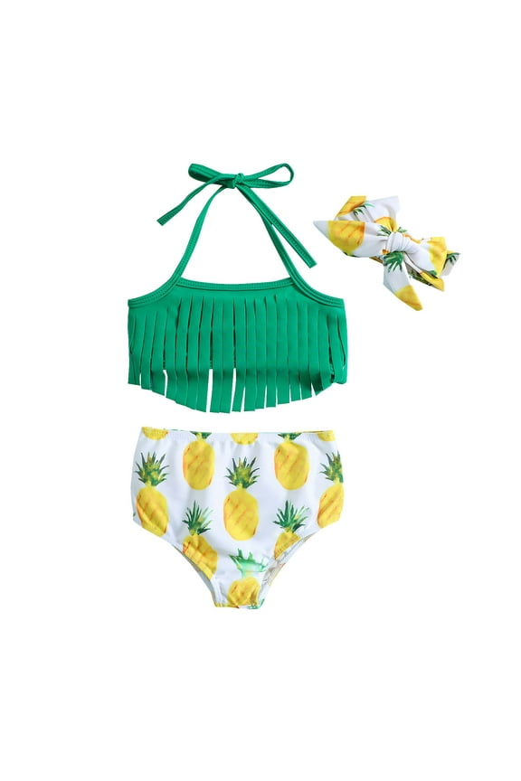 Girls Tankini Swimsuit Summer Bowknot Pineapple Prints Tassel Three Piece Swimwear Bikini Headband Set Girls Bathing Suit,Size 18 Months-24 Months