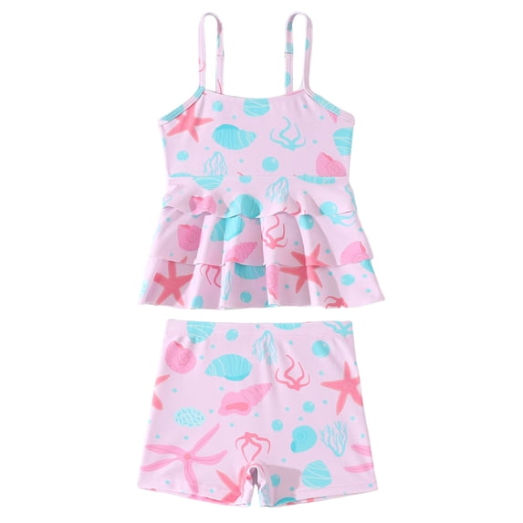 Girls Tankini Swimsuit Two Piece Bathing Suits Set Spaghetti Straps with Ruffled Hem Summer UPF 50+ Bikini Swimwear,Pink