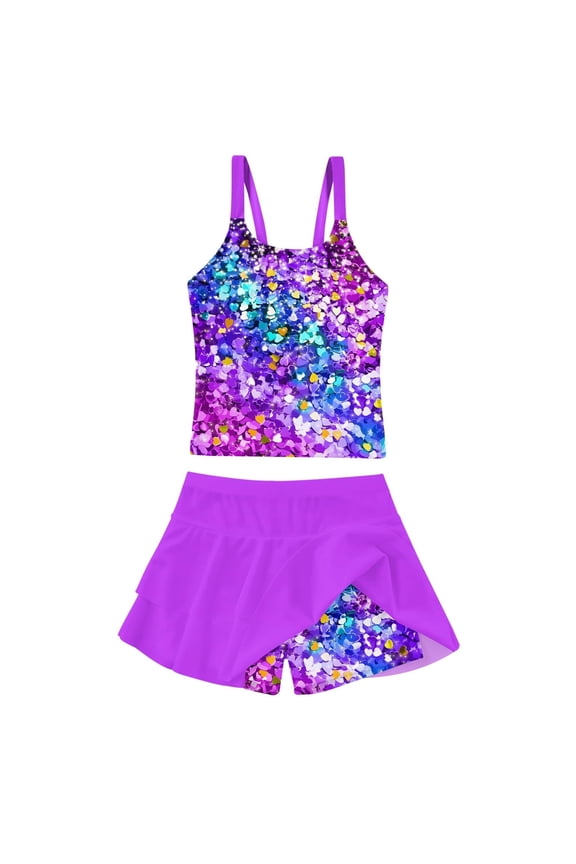 Girls Tankini Swimsuit Two Piece Bathing Suits Summer Beach Swimwear with Skirt Shorts Sequins 7-12Y