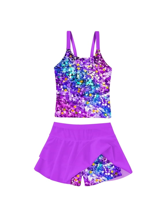Girls Tankini Swimsuit Two Piece Bathing Suits Summer Beach Swimwear with Skirt Shorts Sequins 7-12Y