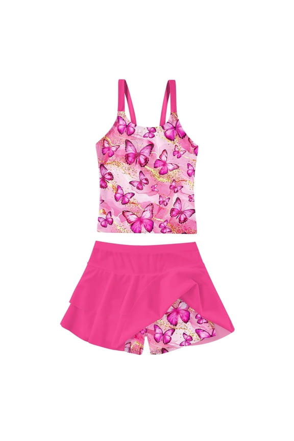 Girls Tankini Swimsuit Two Piece Bathing Suits Summer Beach Swimwear with Skirt Shorts Butterflies 7-12Y