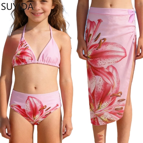 Girls Tankini Swimsuits 10/12 Rash Guard Bikinis for Drawstring Tankini 3 Piece Hawaiian Beach Skirt Cute Ruched Bathing Suit