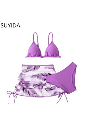 Girls Tankini Swimsuits 10-12 Ribbed Princess Bikini Set Drawstring Tankini Set 3-Piece Tropical Printed Bathing Suit