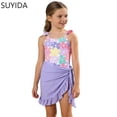thumbnail image 1 of Girls Tankini Swimsuits 7-8 Ruched Side Bikini Bottoms Adjustable Straps Tankini 3 Pieces Cute Pattern Print Bathing Suits for Girls, 1 of 4