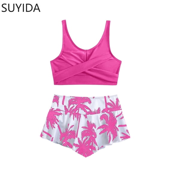 Girls Tankini Swimsuits Size 10-12 Ruched Side Bikini Adjustable Strap Tankini for Girls 3-Piece Cute Pattern Print Girls Bathing Suit size 12