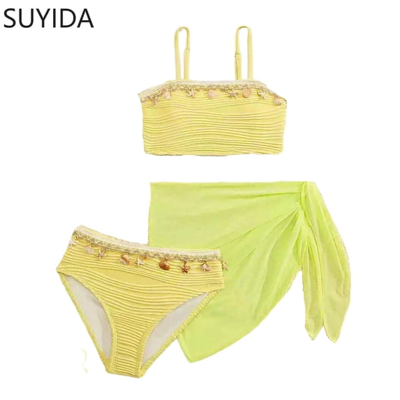 Girls Tankini Swimsuits Size 10 Cute Ruffle Bikini Set Spaghetti Strap Tankini Sets 3-Piece Contrast Trim Girls Bathing Suits Size 14-16