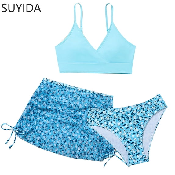 Girls Tankini Swimsuits Size 10 Ribbed Bikini Tie-Straps Tankini for Girls 3-Piece Contrast Trim Girls Dress Up Clothes