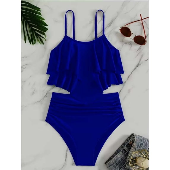 Girls Tankini Swimsuits Two Pcs Bathing Suit Ruffle Swimwear Set Color Blue Size 10-11 Years