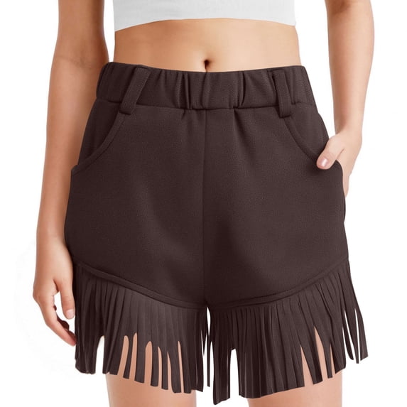 Girls Tassel Western Shorts Fringe Faux Suede Shorts with Pockets for Festival Casual Coffee 5Y