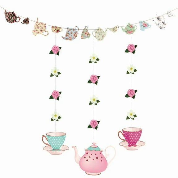 Girls Tea Party Decoration Banner Paper Pre-Strung Cups Teapot Flowers Hanging Garlands Bakcdrops for Girl Women Princesses Garden Tea Theme Party Bridal Baby Showers Birthday Decorstions Supplies