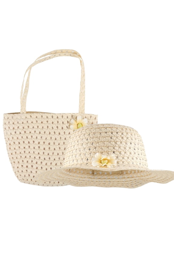 Girls Tea Party Hat and Hand Bag with Flowers Straw Paper Dress up Accessories Easter Spring Summer Costume Beach Travel Cap and Purse Birthday Party Supplies Set of 2 (Natural)