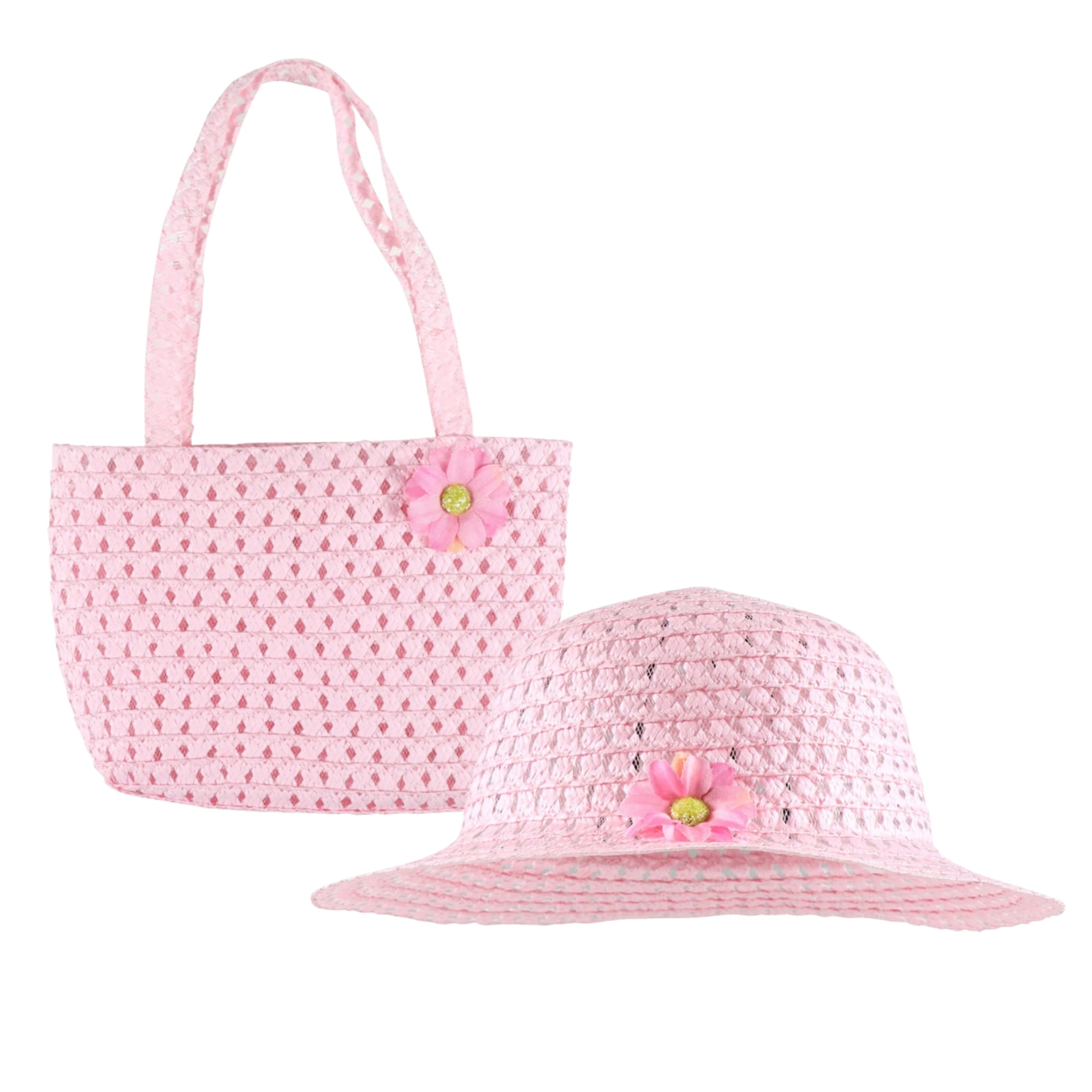GREENBRIER INTERNATIONAL Girls Tea Party Hat and Hand Bag with Flowers Straw Paper Dress up Accessories for Kids Girl Toddlers Easter Spring Summer Costume Beach Travel Cap and Purse Birthday Party Supplies Set of 2 (Pink)