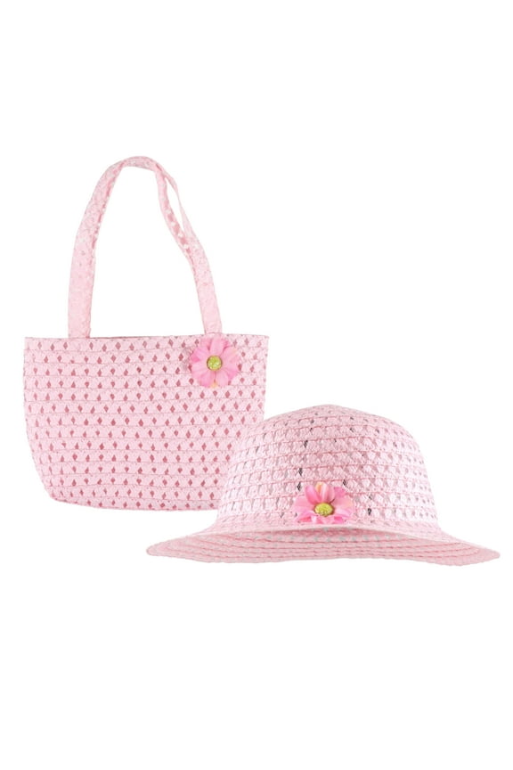Girls Tea Party Hat and Hand Bag with Flowers Straw Paper Dress up Accessories for Kids Girl Toddlers Easter Spring Summer Costume Beach Travel Cap and Purse Birthday Party Supplies Set of 2 (Pink)