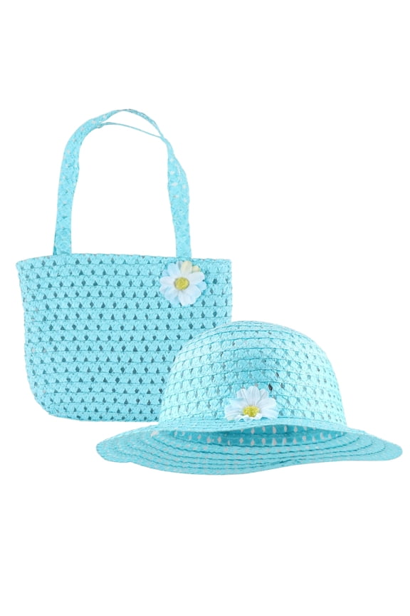 Girls Tea Party Hat and Hand Bag with Flowers Straw Paper Dress up Accessories for Kids Girl Toddlers Easter Spring Summer Costume Beach Travel Cap and Purse Birthday Party Supplies Set of 2 (Blue)