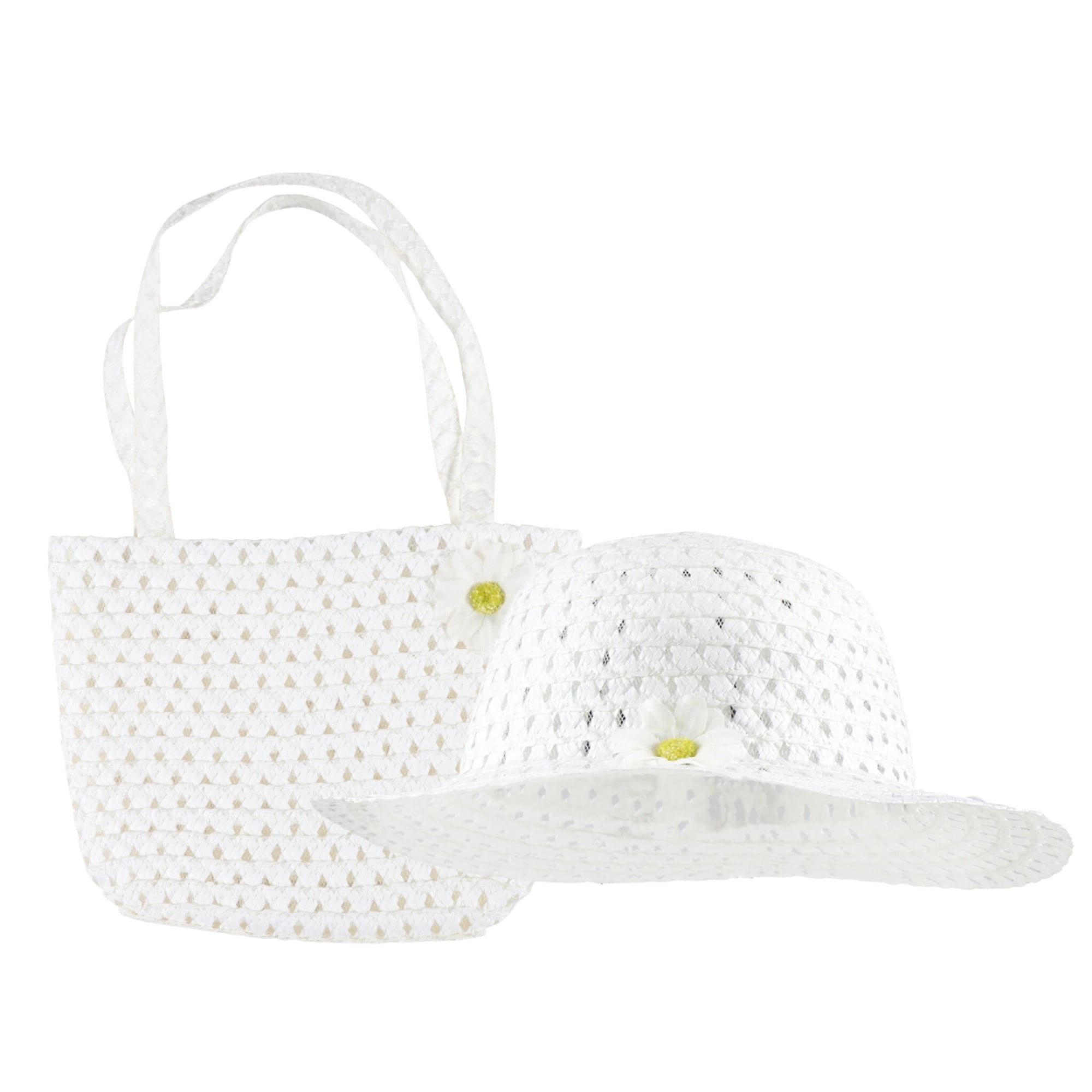 GREENBRIER INTERNATIONAL Girls Tea Party Hat and Hand Bag with Flowers Straw Paper Dress up Accessories for Kids Girl Toddlers Easter Spring Summer Costume Beach Travel Cap and Purse Birthday Party Supplies Set of 2 (White)