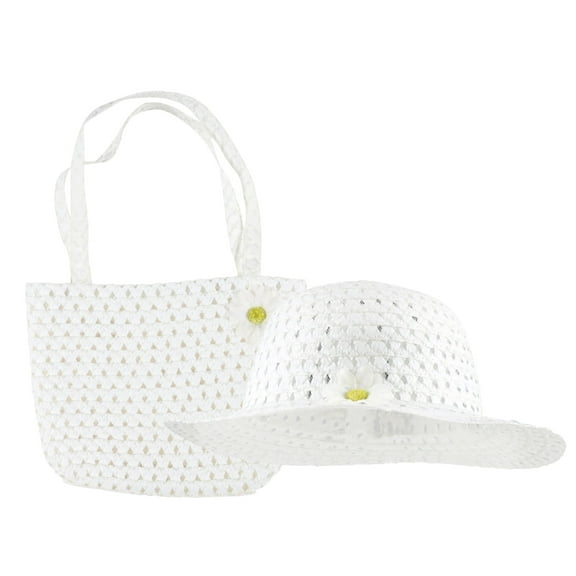 Girls Tea Party Hat and Hand Bag with Flowers Straw Paper Dress up Accessories for Kids Girl Toddlers Easter Spring Summer Costume Beach Travel Cap and Purse Birthday Party Supplies Set of 2 (White)