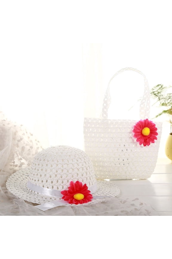 Girls Tea Party Straw Sun Hat and Purse Sets Kids Child Birthdays Easter Party Daisy Flower Sunflower Summer Beach Cap Travel Gift