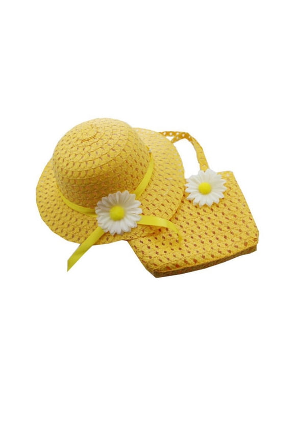 Girls Tea Party Straw Sun Hat and Purse Sets Kids Child Birthdays Easter Party Daisy Flower Sunflower Summer Beach Cap Travel Gift