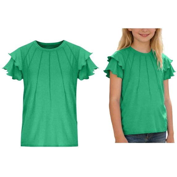 Girls Tee Shirts Ruffle Sleeve Crew Neck Tee T-Shirt Soft Casual Kids Shirts Girls 9-10 Years