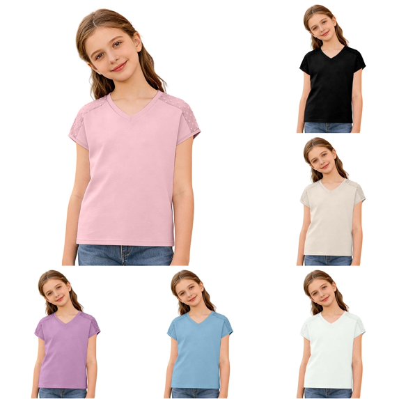 Girls Tee Shirts Short Sleeve V Neck Pink Shirt Girls Casual Base Girls Fashion 5-6 Years