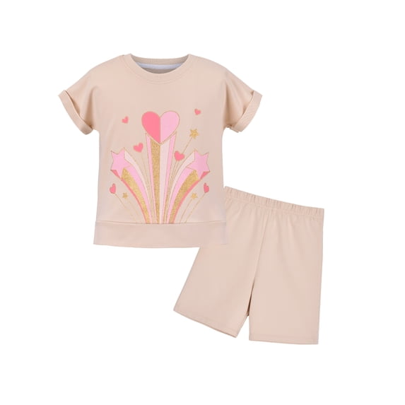 Girls Tee Sport Clothing Outfit Set Glitter Heart Pajamas Short Sleeve 4-5 Years