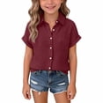 thumbnail image 1 of Girls Teen Linen Shirts Button Down Wrinkled Gauze Tops Summer Short Sleeve V Neck Blouse Beach Cotton Linen Tee,Wine,5-6 Years, 1 of 6