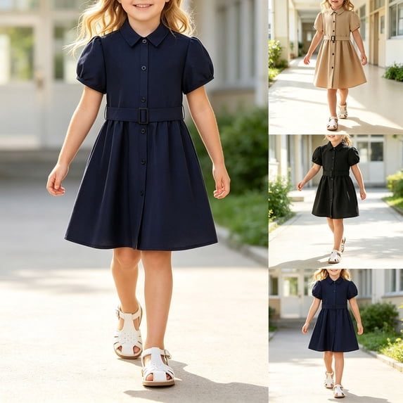 Girls Teen Toddler Dresses School Uniform Dress Solid Color Collared Short Sleeve Button Midi Back To School Daily Wear
