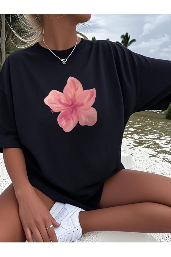 Girls & Teens' Casual Apricot Printed Round Neck Short Sleeve T-Shirt Summer Casual Top Oversized Y2k Clothes Ladies Clothes Tee