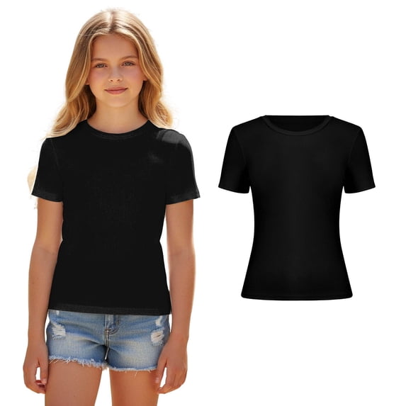 Girls Tees Kids Short Sleeve Black Shirt Crewneck Ribbed Knit Girls Basic Tees T-Shirts for Girls 7-8 Years