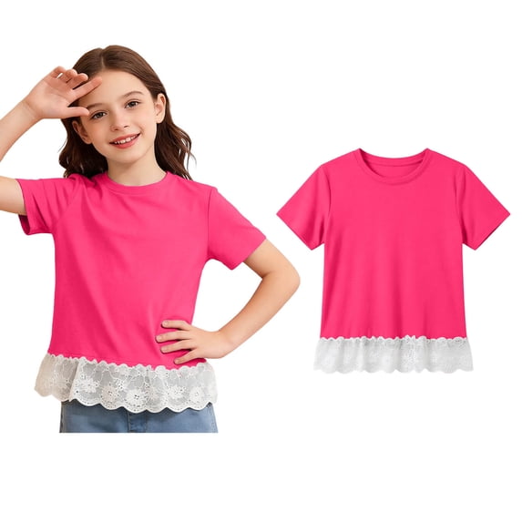 Girls' Tees Short Sleeve Cute Lace Hem Crewneck T Shirts Casual T Shirt Tops Summer Tops Cute Tops for Girls 9-10 Years