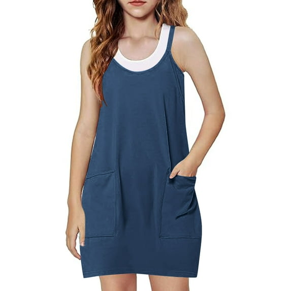 Girls Tennis Dress with Shorts Casual Summer Spaghetti Straps One Piece Romper Dresses with Pockets Workout Cute Outfits for Kid 5-15 Y