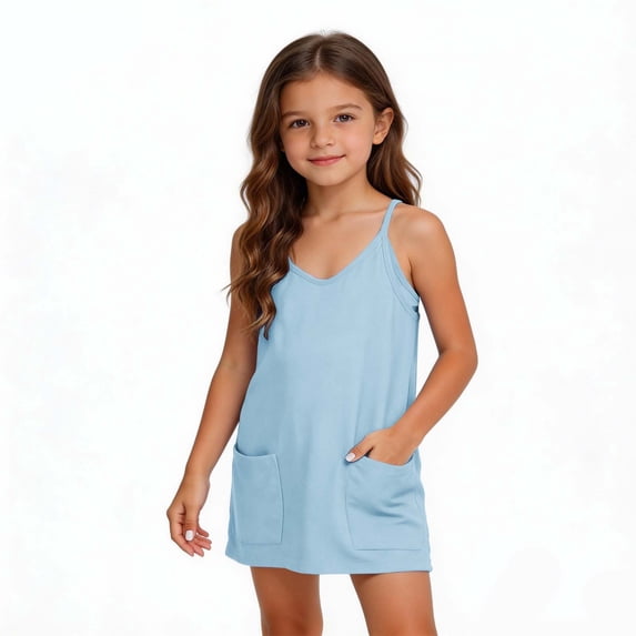 Girls Tennis Dress with Shorts Spaghetti Strap Sleeveless Golf Casual One Piece Short Romper with Pockets (13 Years, Light Blue)